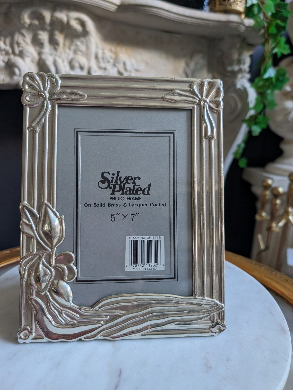 Vintage Art Nouveau Brass, Silver Plated photo frame decor w/ vtg style print 8"